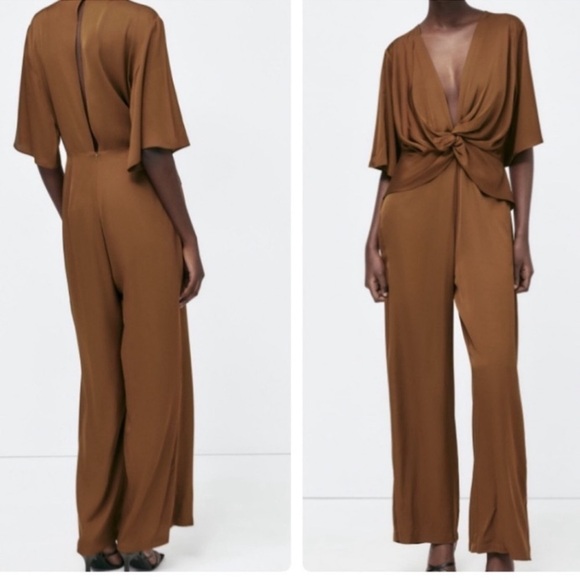 Zara Brown Satin Effect Twisted Effect Plunging Neckline Jumpsuit Size X… - Picture 3 of 16